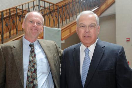 St. Mark's Area Main Street's mainstay to step down: Dan Larner, left, is shown with Mayor Tom Menino at the Dorchester Board of Trade luncheon on Tuesday. 	Photo courtesy Don Harney/Mayor’s Office